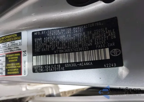 2007 Toyota Avalon Touring from USA, damaged, VIN 4T1BK36B37U236525